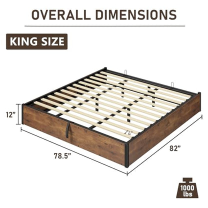 King Size Bed Frame with Lift Up Storage, Rustic Brown