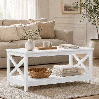 White Coffee Table for Living Room, X-Design Storage Shelf, 39.5"