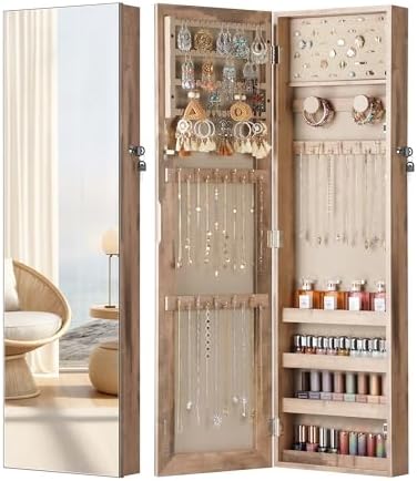Nicetree Mirror Jewelry Cabinet, Full Length Mirror, Wall Mounted, Oak