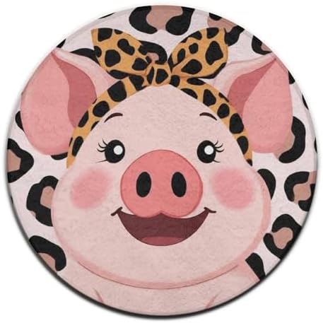 Fashion Round Area Rug Large Non Slip Carpet, Cute Pig Leopard Print Pink Unisex Home Decor Mat