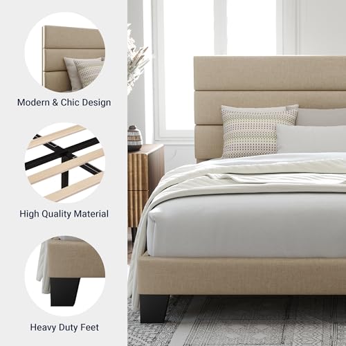 Queen Size Platform Bed Frame with Fabric Upholstered Headboard