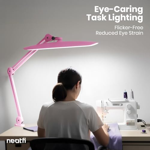 Neatfi XL 2200 Lumens 24W LED Desk Lamp – Shadow-Free Task Lighting | 4-Level Dimming | Home Office & Crafts Use | 20-Inch Wide Head (Pink, Non-CCT with Clamp)