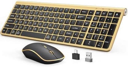 JOYACCESS Black Gold Wireless Keyboard Mouse Combo,Ergonomic Cordless Keyboard with Adjustable Tilt,Comfortable and Quiet Mouse for Laptop,Computer,PC