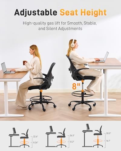 LukkDys Drafting Chair with Arms, Tall Office Chair for Standing Desks