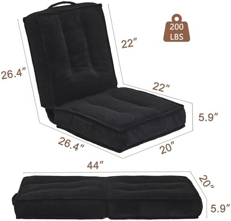 Folding Floor Tatami Chair with Back Support, 6-Position Adjustable, Black