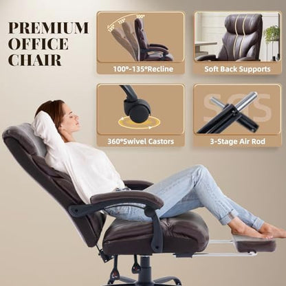 Big and Tall Office Chairs with Foot Rest,500LBS Wide Ergonomic Gaming Chair,100-135°Recline Executive Leather Computer Chairs with Adjustable Height,Coffee