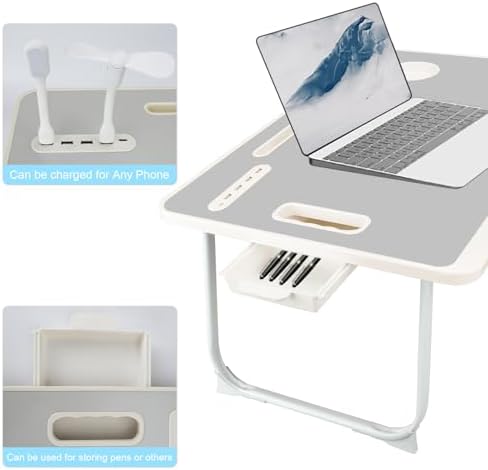Laptop Bed Table, Laptop Desk for Bed, Foldable Laptop Bed Desk with USB Charge Port, Handle, Desktop Card Slot, Cup Slot, Side Drawer, Portable Laptop Table for Bed Eating Reading Working