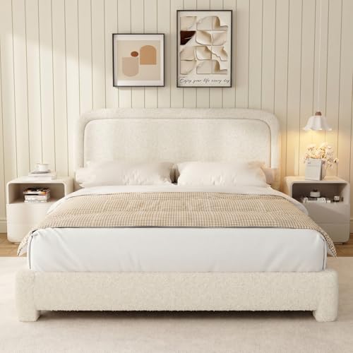 WEUP King Size Boucle Bed Frame, Soft Upholstered Cloud Bed Frame with Headboard, Rounded Corners, No Box Spring Required, Adjustable Headboard, Easy Assembly