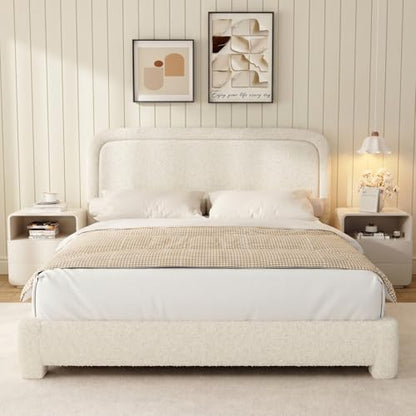 WEUP King Size Boucle Bed Frame, Soft Upholstered Cloud Bed Frame with Headboard, Rounded Corners, No Box Spring Required, Adjustable Headboard, Easy Assembly