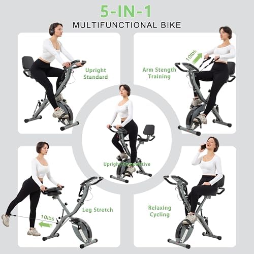 BARWING Stationary Exercise Bike for Home Workout, 5 IN 1 Foldable Indoor Cycling Bike for Seniors, 350LB Capacity, 16-Level Magnetic Resistance, Seat Backrest Adjustments