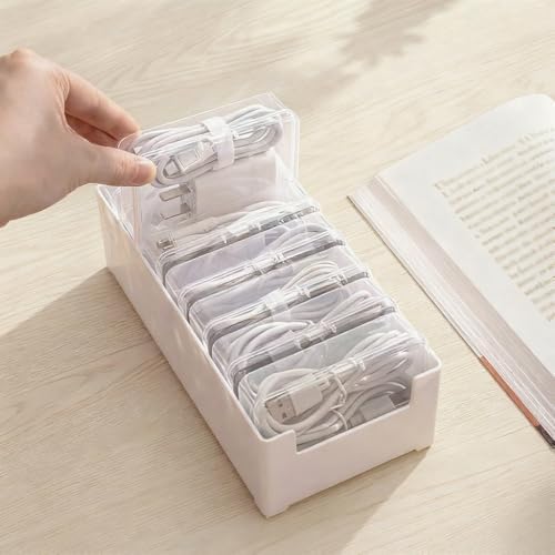 RayHenry 2 PCS Cable Organizer Box with 7 Clear Switch Case, Desktop Charger Cord Storage Organizer Box for Home Office Desk Accessories Wire Organization Stationery Supplies (white)