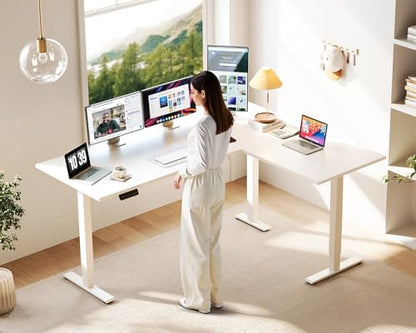 63 Inch L Shaped Electric Standing Desk, Home Office, White