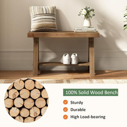 Solid Wood Bench, 30" Farmhouse Entryway Bench with Shoe Storage