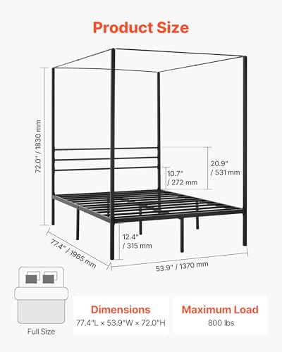 Canopy Bed Frame Full Size, Metal Canopy Bed with Four Posters Design, Heavy Duty Steel Slats Support, Underbed Storage Space, No Box Spring Needed, Easy Assembly, Black
