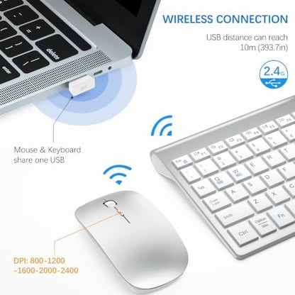 Wireless Keyboard and Mouse Ultra Slim Combo with Dual System- Silver White