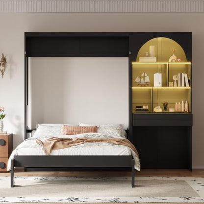 Queen Size Murphy Platform Bed with Side Cabinets, Drawer, Open Shelves | Folding Platform Bed, Murphy Chest Bed Can be Folded into a Cabinet, Multi-function Murphy Wall Bed, Small Room