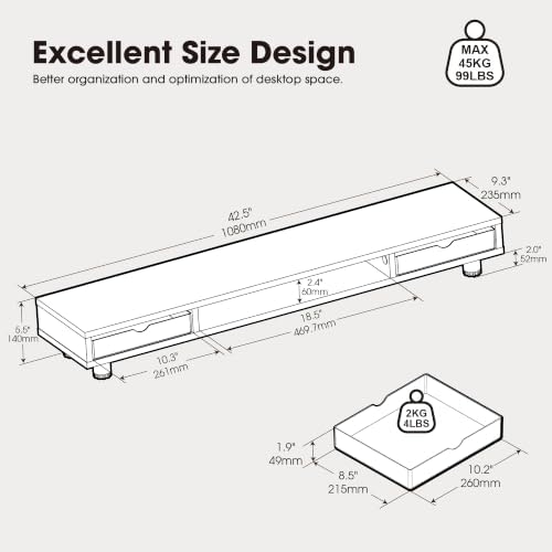 Fenge Dual Monitor Riser with 2 Drawers, 42.5in Long Desk Shelf, Oak
