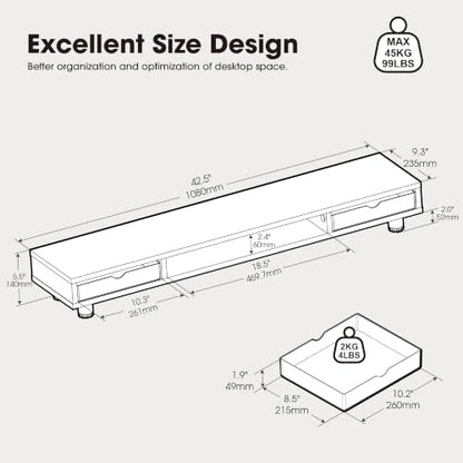 Fenge Dual Monitor Riser with 2 Drawers, 42.5in Long Desk Shelf, Oak