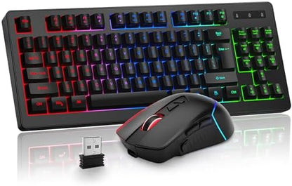 BlueFinger Wireless Keyboard and Mouse Combo, Long Lasting Rechargeable Battery 87 Keys RGB Rainbow Backlit Gaming Keyboard & Ergonomic Light Up Gaming Mouse for Mac Laptop Computer PC Gamer