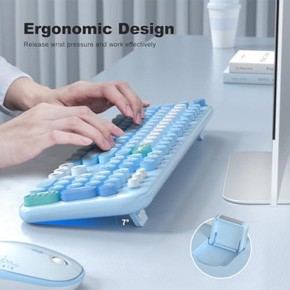 MOFII Wireless Keyboard and Mouse Combo, Full Size 2.4G Plug and Play Typewriter Retro Round Computer Keyboard and Mouse Set for Windows, Computer, Desktop, PC, Notebook - (Blue Colorful)