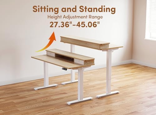 BANTI 48x24 Inch Electric Height Adjustable Standing Desk, Home Office Computer Desk with Double Storage Drawers, 4 Adjustable Feet & 2 Hooks, Maple