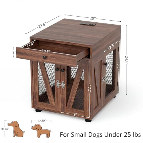 Wooden Dog Crate End Table with USB Charging Station, Walnut