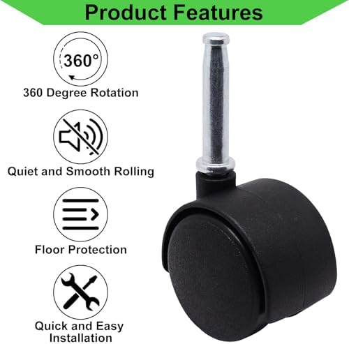 1.5 Inch Stem Swivel Casters Set of 4, M8 Grip Neck Stem Swivel Caster Wheels, 360° Rotation Heavy Duty Replacement Castors for Furniture Table Drawer Cabinet Plant Shelf Chair Wheels (Black)