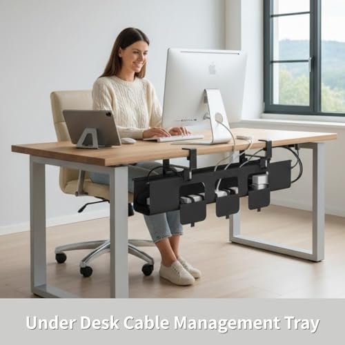 Under Desk Cable Management Tray, 36” Fabric No Drill Clamp Mount