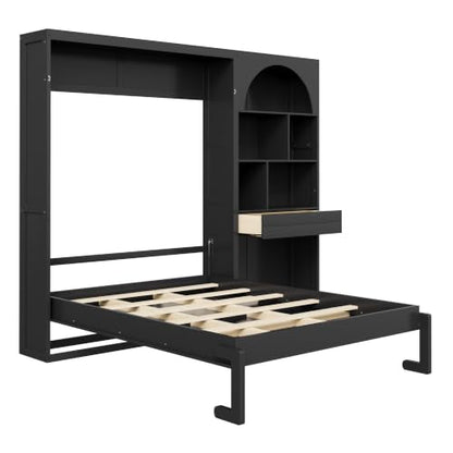 Queen Size Murphy Platform Bed with Side Cabinets, Drawer, Open Shelves | Folding Platform Bed, Murphy Chest Bed Can be Folded into a Cabinet, Multi-function Murphy Wall Bed, Small Room