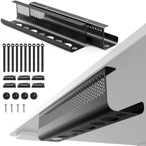 KHAMAL Cable Management Under Desk 26PCS - Cable Management Tray Kit Ventilated Hexagonal Design with Cable Clips, Wire Ties, Cord Holder & Screws for Office, Home (Black)