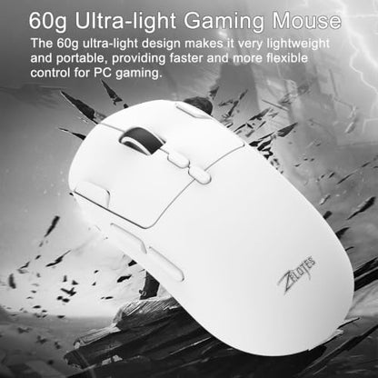 zelotes Gaming Wireless Mouse, Bluetooth Rechargeable with 9 Programmable Buttons,Ultra-Light 60g, 24,000 DPI, BT/USB 2.4G / Type-C, Ergonomic Optical Mouse for Laptop, PC,Office and Gamers (White)