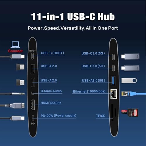 Laptop Docking Station Stand with Fan Aluminum Laptop Riser with USB-C Hub 11-IN-1 4K60Hz HDMI 100W PD Charging USB3.0 Ethernet Audio TF/SD, 360° Swivel, for MacBook Pro/Air, iPad Pro & Type-C Laptops