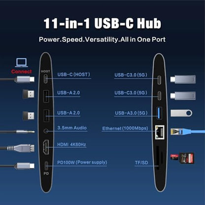 Laptop Docking Station Stand with Fan Aluminum Laptop Riser with USB-C Hub 11-IN-1 4K60Hz HDMI 100W PD Charging USB3.0 Ethernet Audio TF/SD, 360° Swivel, for MacBook Pro/Air, iPad Pro & Type-C Laptops
