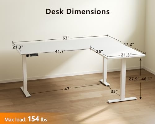 63 Inch L Shaped Electric Standing Desk, Home Office, White