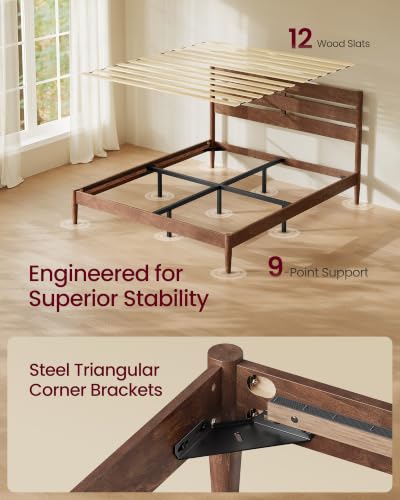 Queen Bed Frame, Wood Platform Bed with Headboard Storage Shelf