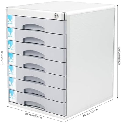 Desk Organizer with 7 Drawers, Metal Desktop Storage Cabinet File Holder with Locks and Keys, Filing Case Literature Organizer for Office Home, L11.8*D14*H16in, Silver & Grey