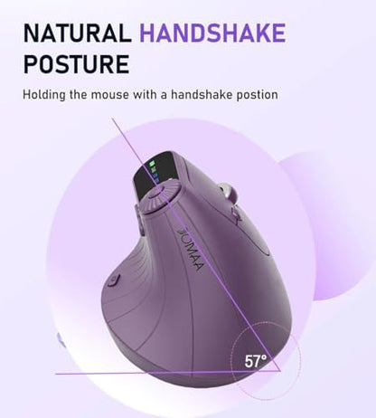 JOMAA Wireless 2.4G & Dual Bluetooth Three-Channel Ergonomic Vertical Mouse Adjustable DPI, Multi-Function Turntable for PC, Laptop, MacBook, Rechargeable (Purple)