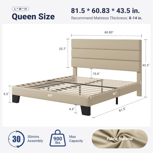 Queen Size Platform Bed Frame with Fabric Upholstered Headboard