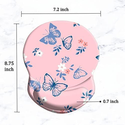 Ergonomic Wrist Support Mouse Pad - Comfortable Computer Mouse Pad with Non-Slip PU Base for Home Office Working Gaming (Blue Butterfly on Pink)