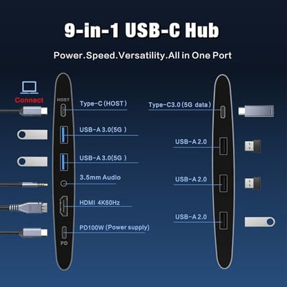 USB-C Hub Laptop Stand with Fan, Aluminum Laptop Riser with Docking Station 9-IN-1, 4K@60Hz HDMI, 100W PD Charging, USB 3.0, 3.5mm Audio, 360° Swivel, for MacBook Pro/Air, iPad Pro & Type-C Laptops