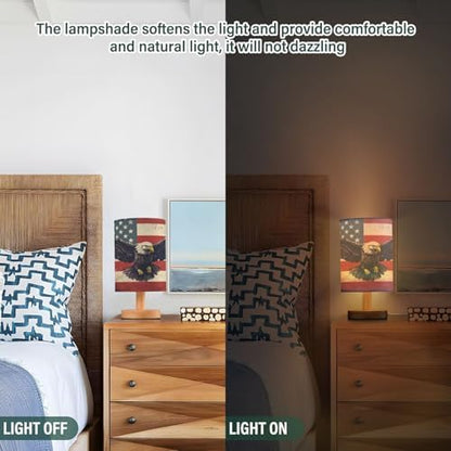 Bedside Lamp American Flag Eagle Table Lamp for Bedroom LED Nightstand Lamp Shade USB Ports Wood Base for Living Room Dorm Office