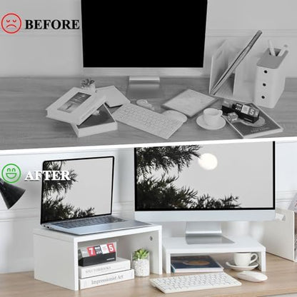 TEAMIX 2-Pack White Monitor & Laptop Stand Riser, High-Low Dual Monitor Set