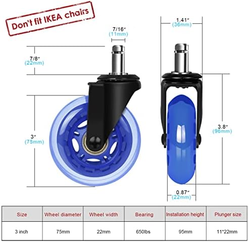 Hirate 3" Office Chair Caster Durable PU Wheel Replacement Set of 5 Blue