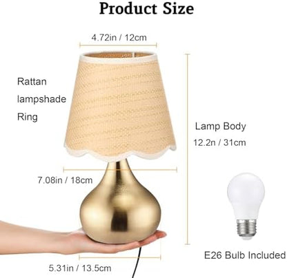 Small Table Lamp - Brass Gold Mini Table Lamps for Bedroom Vintage Decor Bedside Lamps for Night Stands Scalloped Rattan Shade Desk Lamp for Kids Room, Living Room, College Dorm, Home, Kitchen