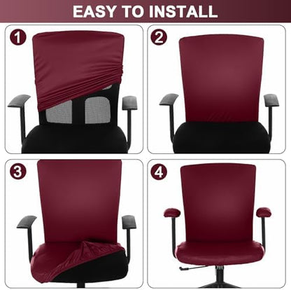 Tallew 4 Pcs Office Chair Covers PU Leather Office Desk Accessories Universal Computer Chairs Cover Stretchable Protective Chair Seat Covers Desk Armrest Cover Slipcovers Rotating Backrest(Burgundy)