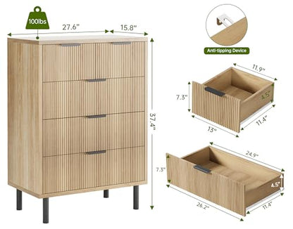 Fluted 5-Drawer Dresser with Metal Legs, Oak