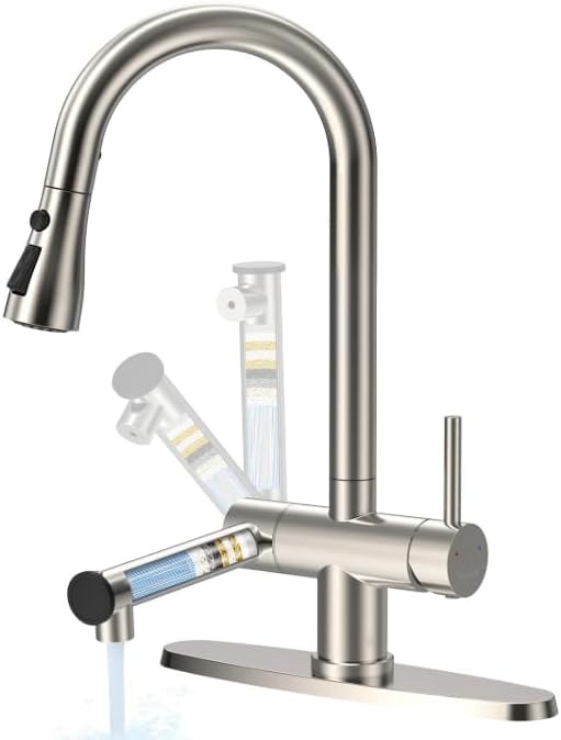 FEELSO Kitchen Faucets with Filtered, Stainless Steel Filter Kitchen Faucet with Pull Down Sprayer Reduces Lead, Chlorine, Bad Taste & Odor,High Arc Kitchen Sink Faucet 1 or 3 Hole for Farmhouse