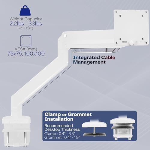 VIVO Premium Aluminum Heavy Duty Monitor Arm for Ultrawide Monitors up to 49 inches and 33 lbs, Single Desk Mount Stand, Pneumatic Height, Max VESA 100x100, White, STAND-V101G1W