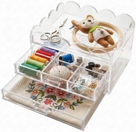 Scalloped Clear Acrylic 2-Drawer Organizer with Removable 9-Compartment Divider, 7" x 7" x 2.7" Vanity & Desk Storage for Makeup, Jewelry, Beads, Craft Supplies and Small Accessories