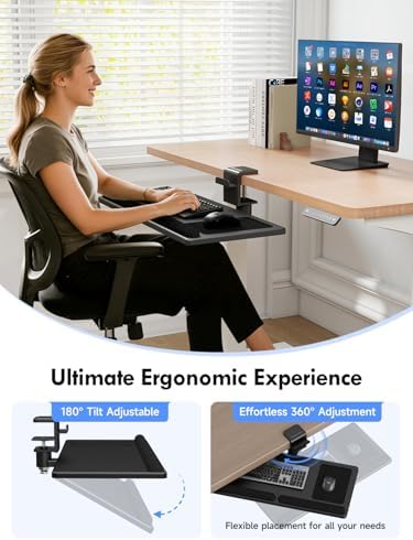 suptek Premium Adjustable Keyboard Tray Under Desk & Above Desk - Ergonomic Wood Sit Stand Computer Keyboard & Mouse Tray with 360° Rotation, 24.4"×12" Keyboard Stand with Wrist Rest - Black, DSF8